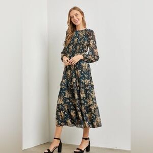 Teal Floral Chiffon Smocked Ruffle Tiered Maxi Dress